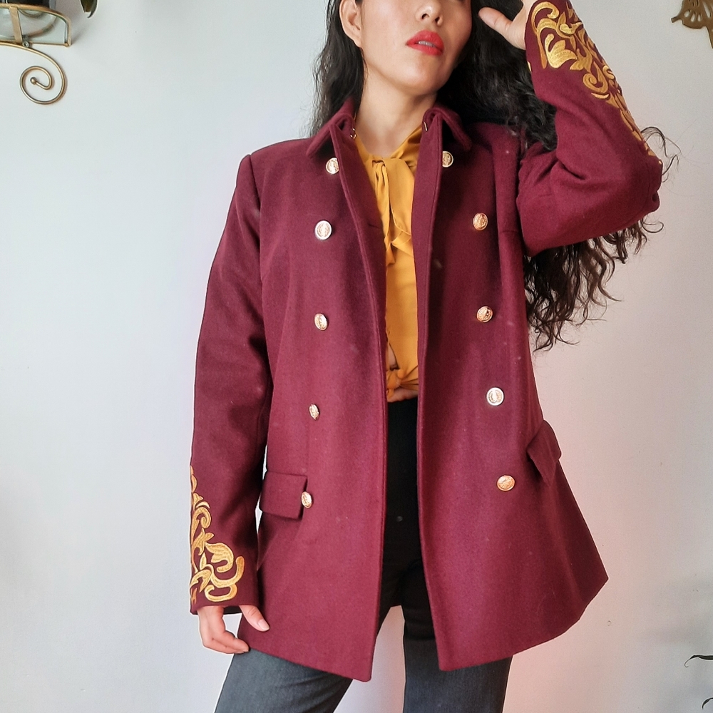 Burgundy embroidered pea coat
